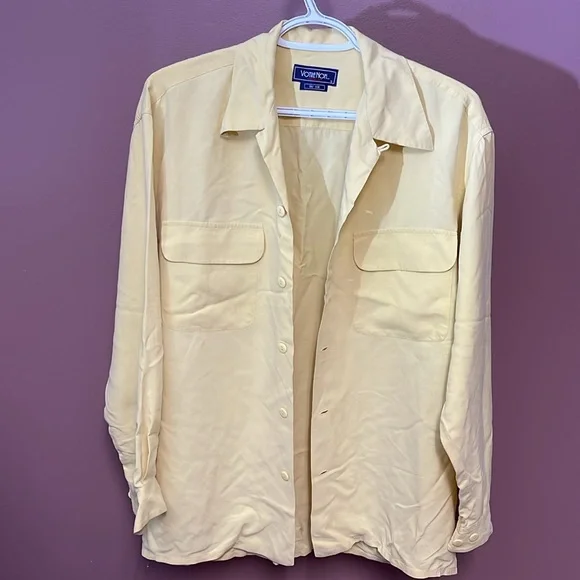 Vintage Votre Nom 100% Soie [Matte Satin] Pastel Yellow Ladies Button Down Shirt - Picture 3 of 4